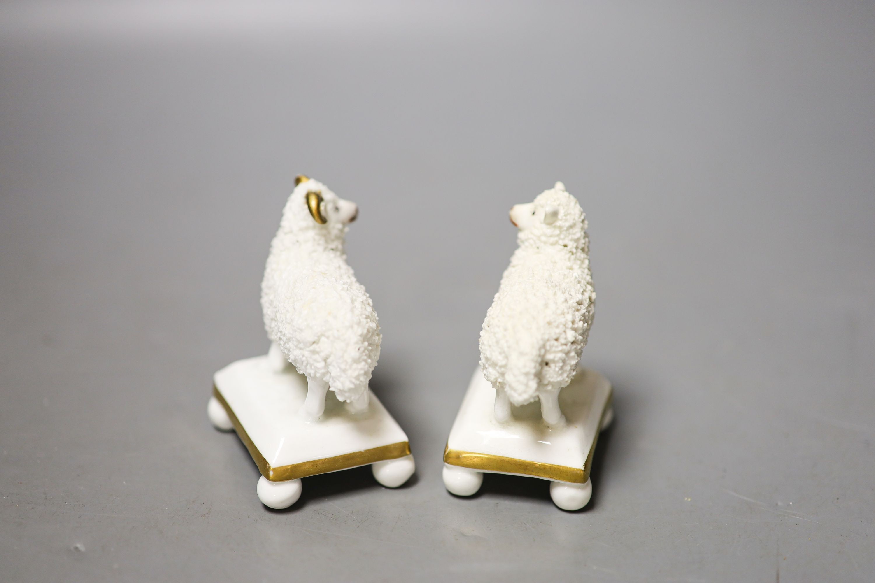 A pair of Staffordshire porcelain models of a ram and a ewe, c.1830–50, each standing on a rectangular face with four ball feet 8cm